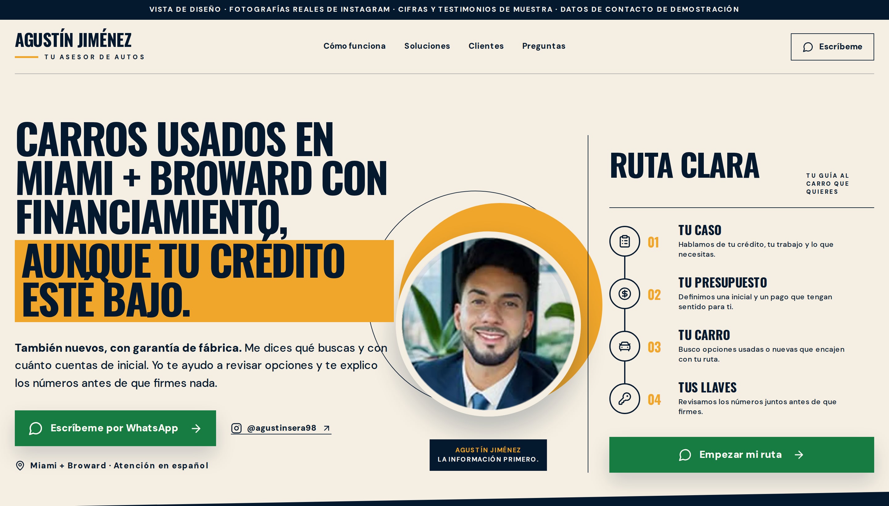 Design concept for Agustín Jiménez, car sales advisor in Miami
