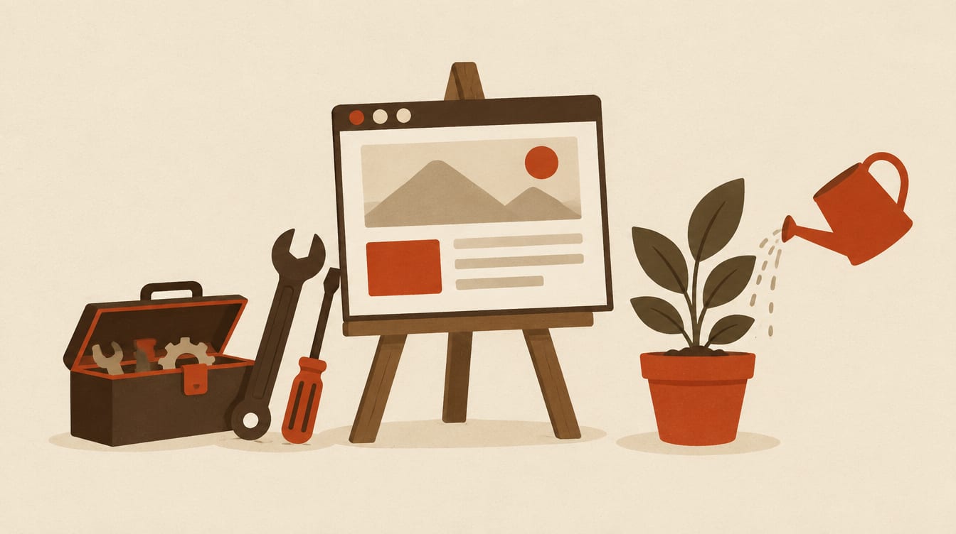 Illustration of a website on an easel, with tools beside it and a plant being watered